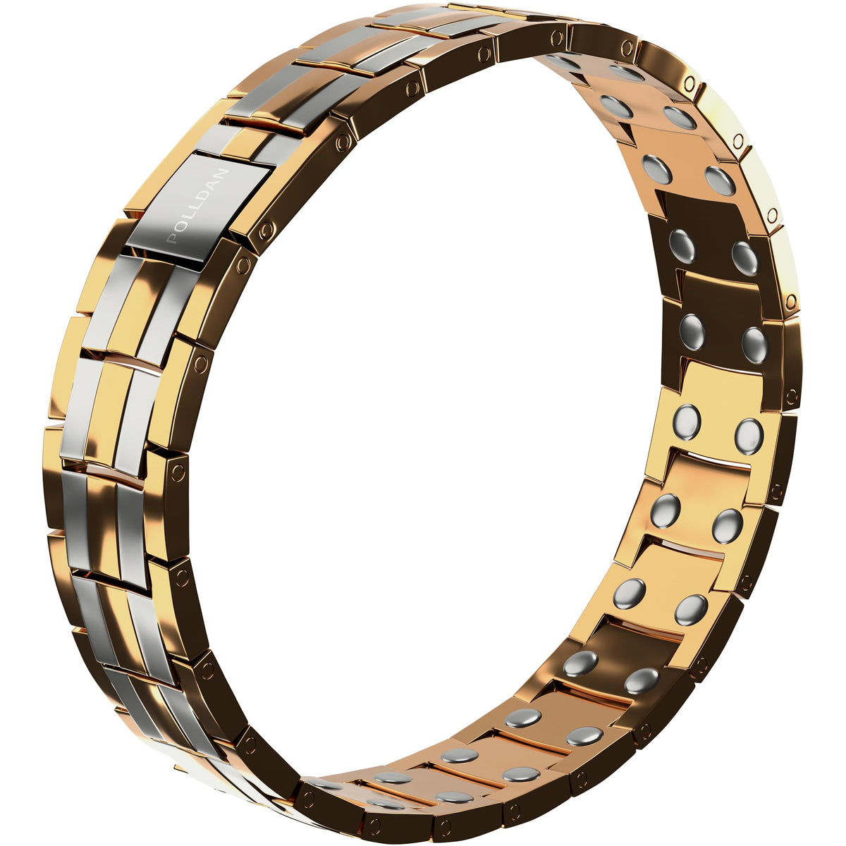POLLDAN titanium magnetic bracelet closeup showing sturdy build and finish.