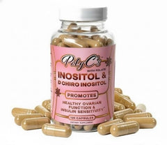 POLYC'S bottle front view showing Myo-Inositol and D-Chiro Inositol formula for cycle balance