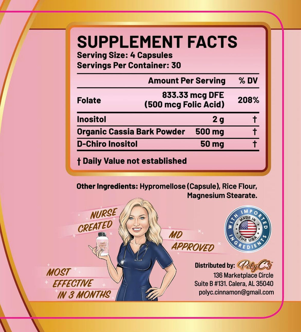 POLYC'S bottle side view with 120 capsules for daily menstrual health support