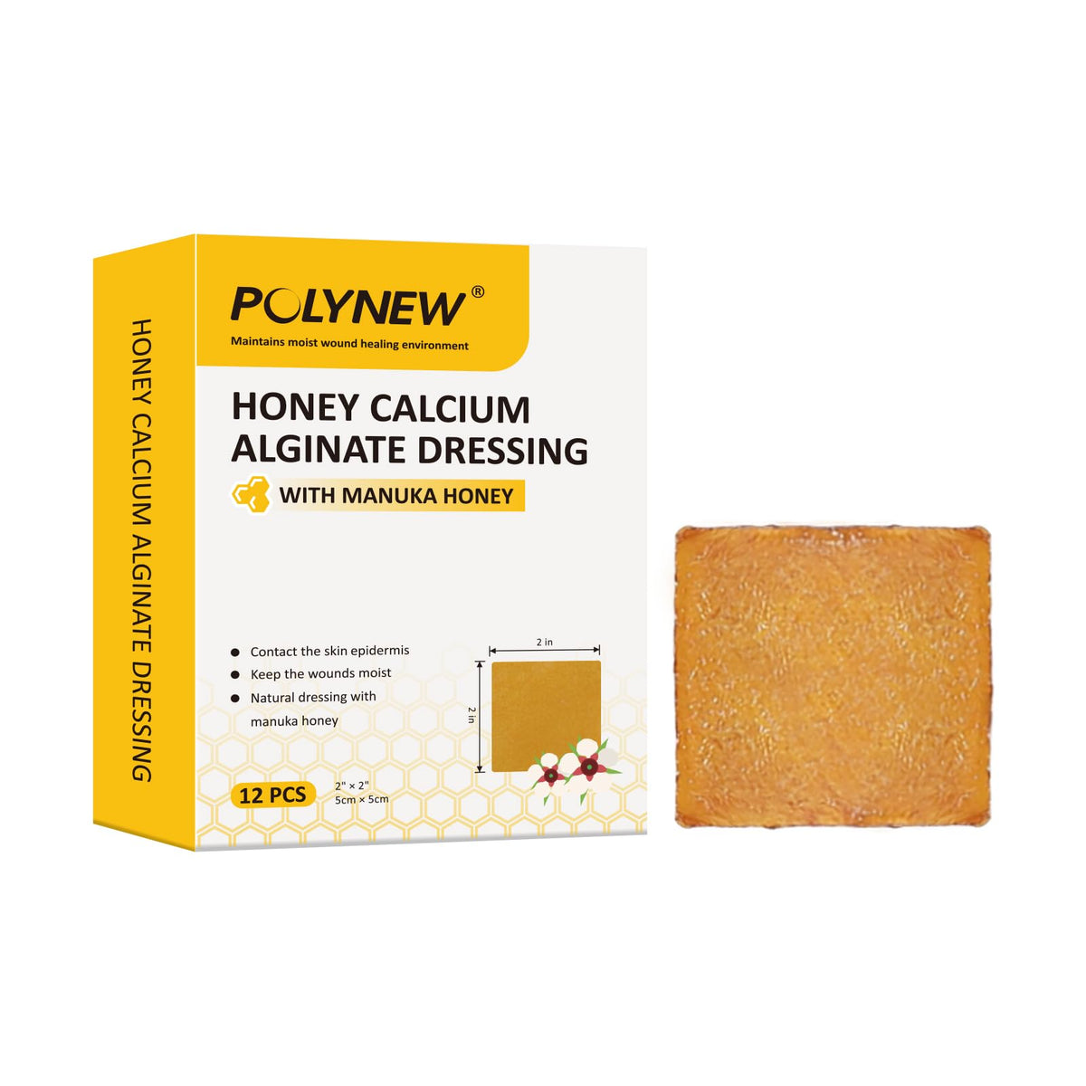 POLYNEW Manuka honey calcium alginate dressing 2x2 inch for gentle, non-adherent wound care