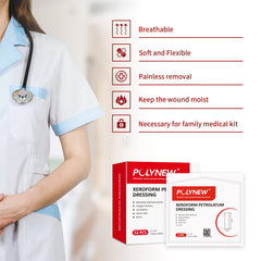 POLYNEW Xeroform gauze shows fine mesh for reliable coverage.