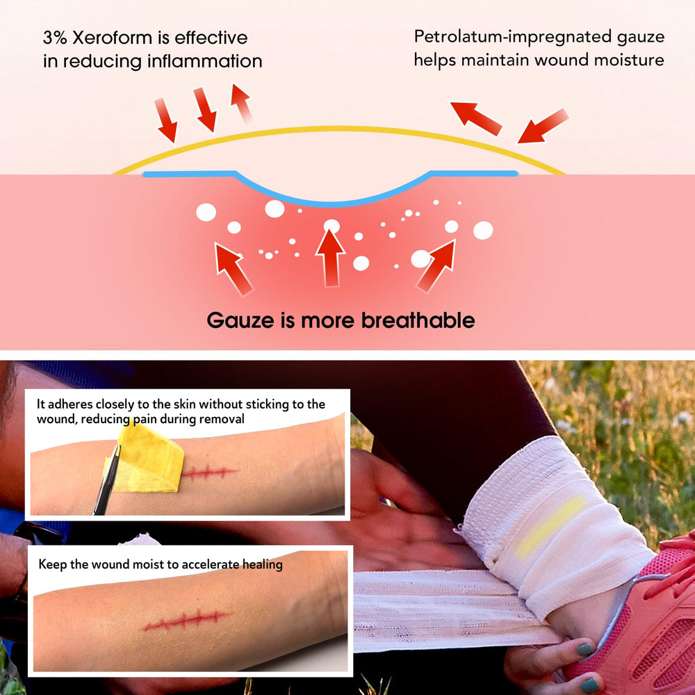 POLYNEW Xeroform gauze close-up reveals petrolatum-infused, non-adhesive surface.