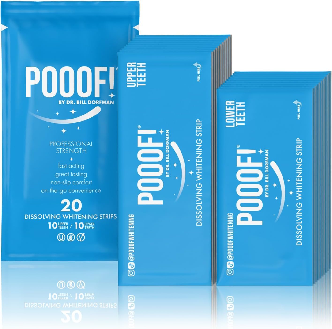 POOOF! packaging shows dissolving whitening strips for at-home use.