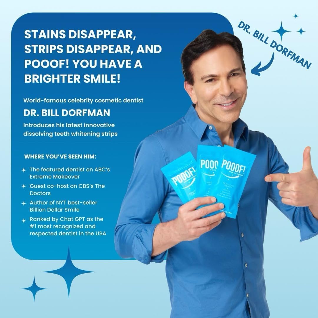 POOOF! strips dissolving on teeth for a mess-free 15-minute session.