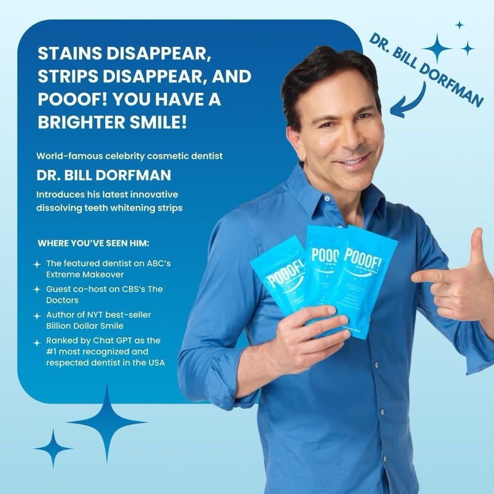 POOOF! strips dissolving on teeth for a mess-free 15-minute session.
