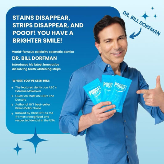 POOOF! strips dissolving on teeth for a mess-free 15-minute session.