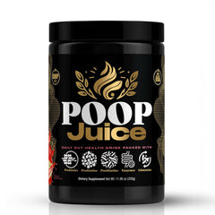 Poop Juice 5-in-1 powder being poured for daily gut support.