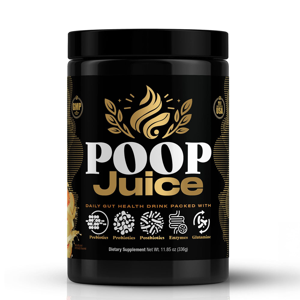 Poop Juice Georgia Peach Mango bottle front showing flavor for daily gut support.