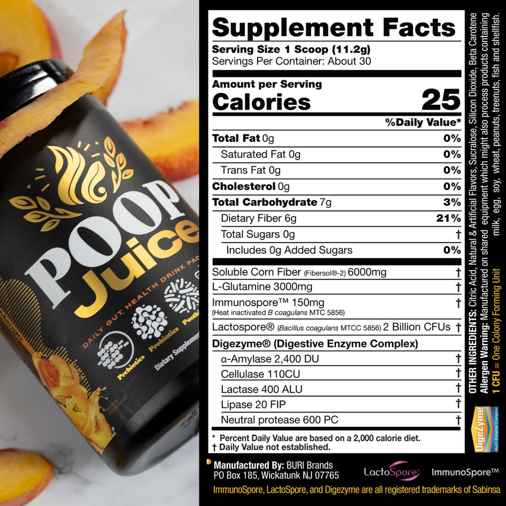 Poop Juice gluten-free label on packaging.