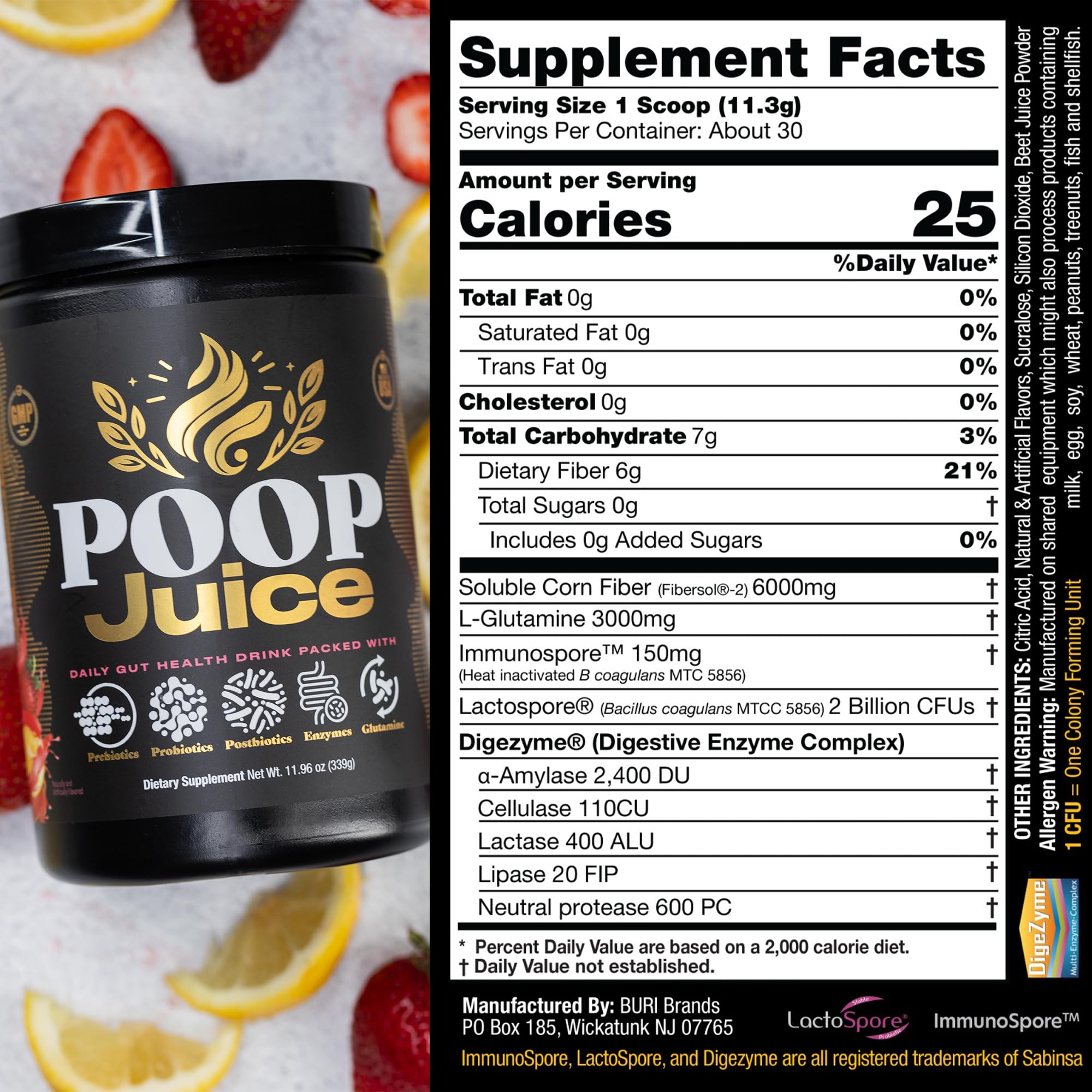 Poop Juice single-serving scoop beside a glass for on-the-go.