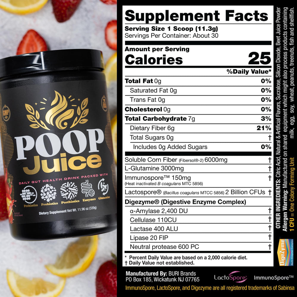 Poop Juice single-serving scoop beside a glass for on-the-go.