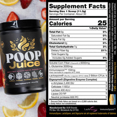 Poop Juice single-serving scoop beside a glass for on-the-go.