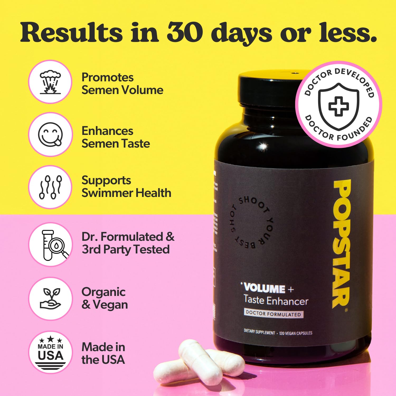 POPSTAR Labs Semen Volume Booster bottle back label shows ingredients and vegan non GMO focus