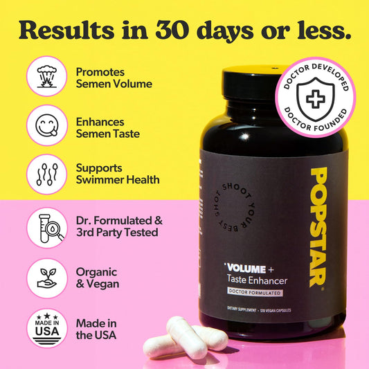 POPSTAR Labs Semen Volume Booster bottle back label shows ingredients and vegan non GMO focus
