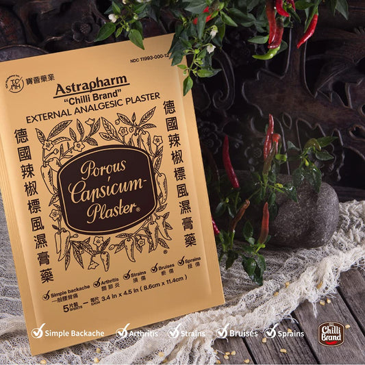 POROUS-CAPSICUM-PLASTER box packaging showing 3.4 by 4.5 inch sheets