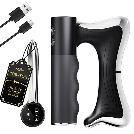 Porston heated muscle scraper tool with ergonomic curve for full-body contouring.