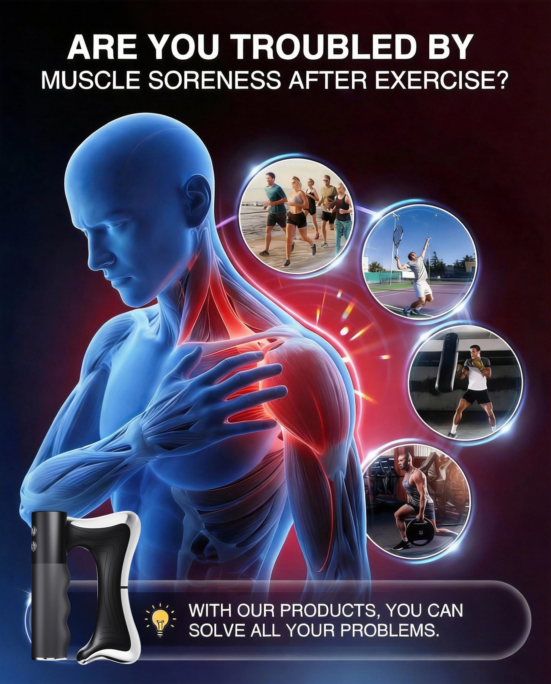 Porston heated muscle scraper tool demonstrates 46°C heat with EMS stimulation.