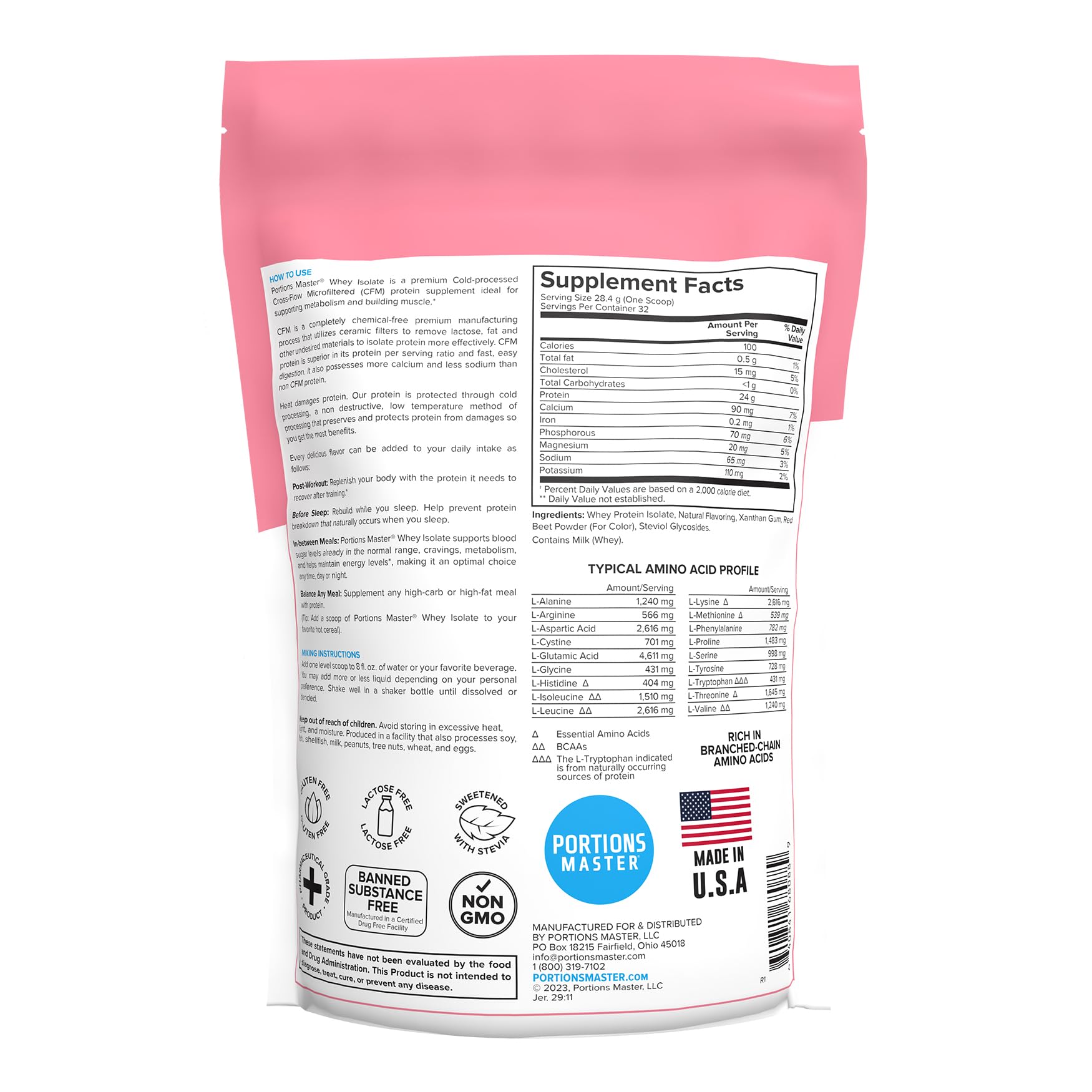 Portions Master CFM Whey Isolate powder being poured for fast-absorbing post-workout protein.
