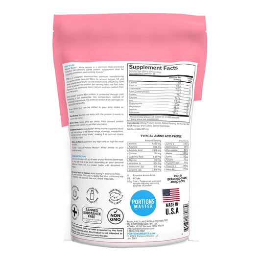 Portions Master CFM Whey Isolate powder being poured for fast-absorbing post-workout protein.