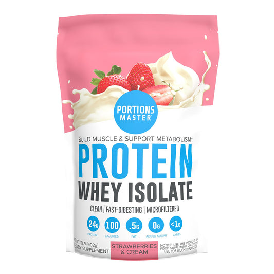 Portions Master CFM Whey Isolate tub with strawberries and cream supports lean muscle recovery.