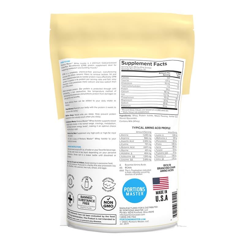Portions Master CFM Whey Isolate Vanilla Ice Cream tub for lean muscle recovery