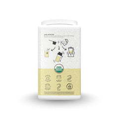Close-up of Portions Master Plant Protein label highlighting organic, allergen-friendly formula