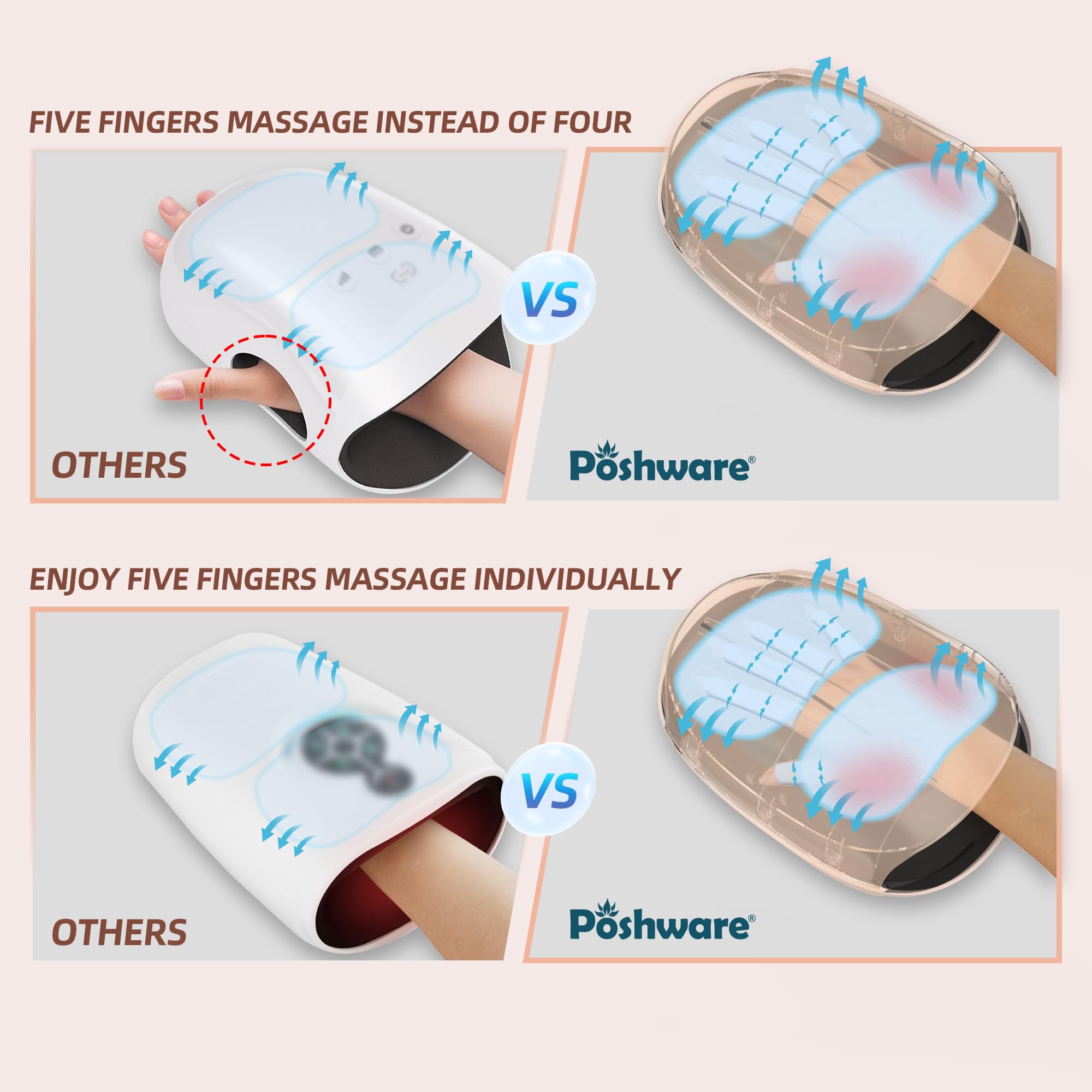 POSHware adjustable heat and compression settings for personalized relaxation.