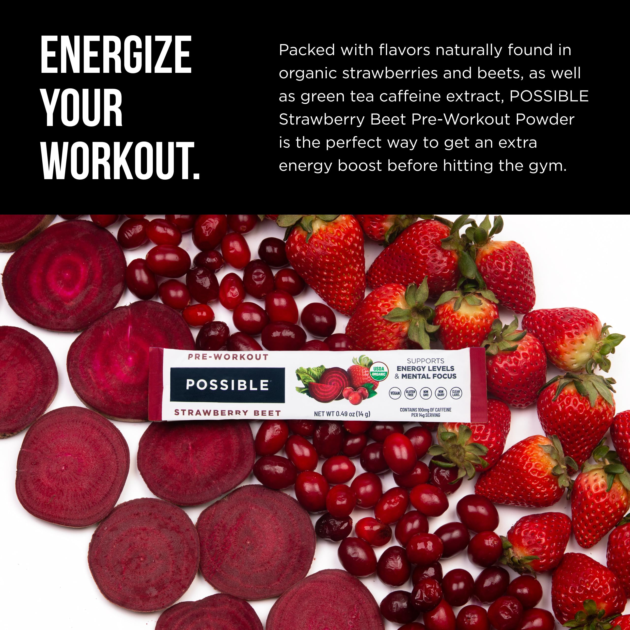 Possible pre-workout green tea caffeine scoop emphasizes quick energy without jitters.
