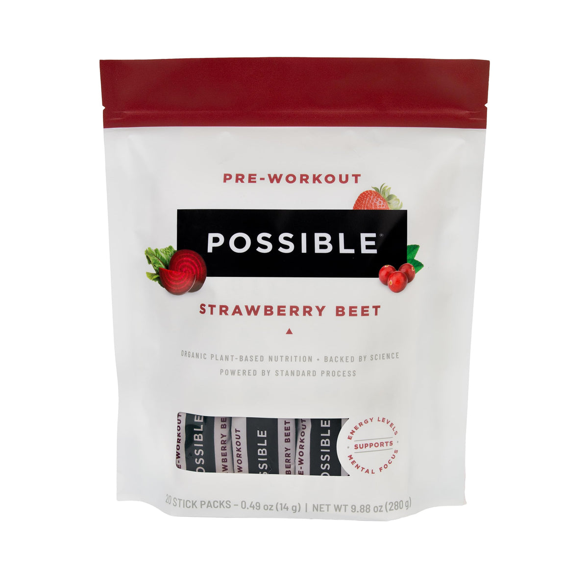 Possible pre-workout powder strawberry beet bottle showing energy and focus in action.