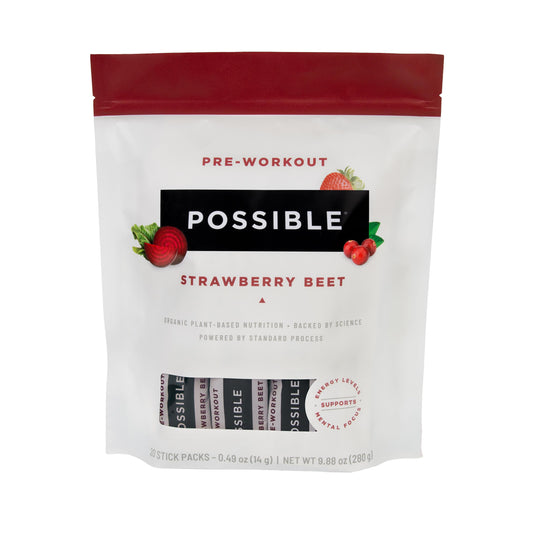 Possible pre-workout powder strawberry beet bottle showing energy and focus in action.