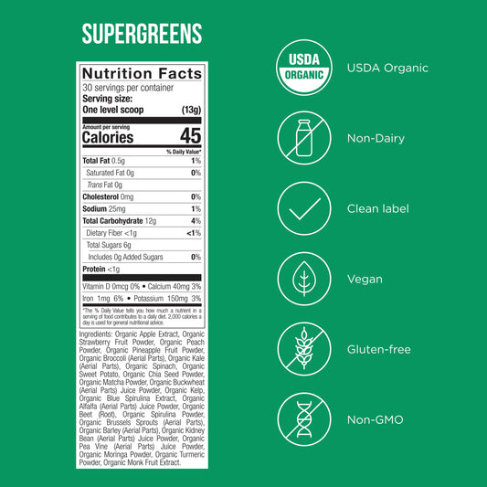 Possible SuperGreens kale broccoli powder jar highlights leafy nutrient blend