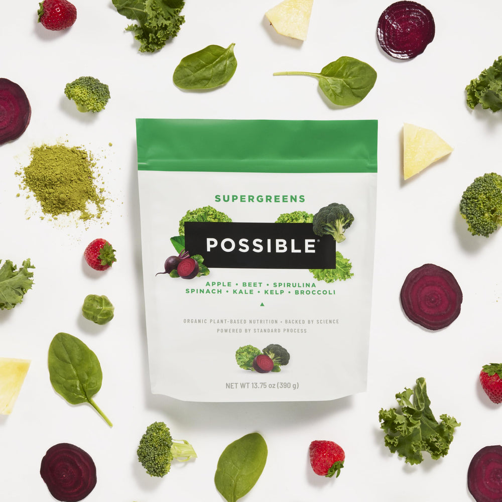 Possible SuperGreens vegan non-GMO label on bottle emphasizes clean ingredients