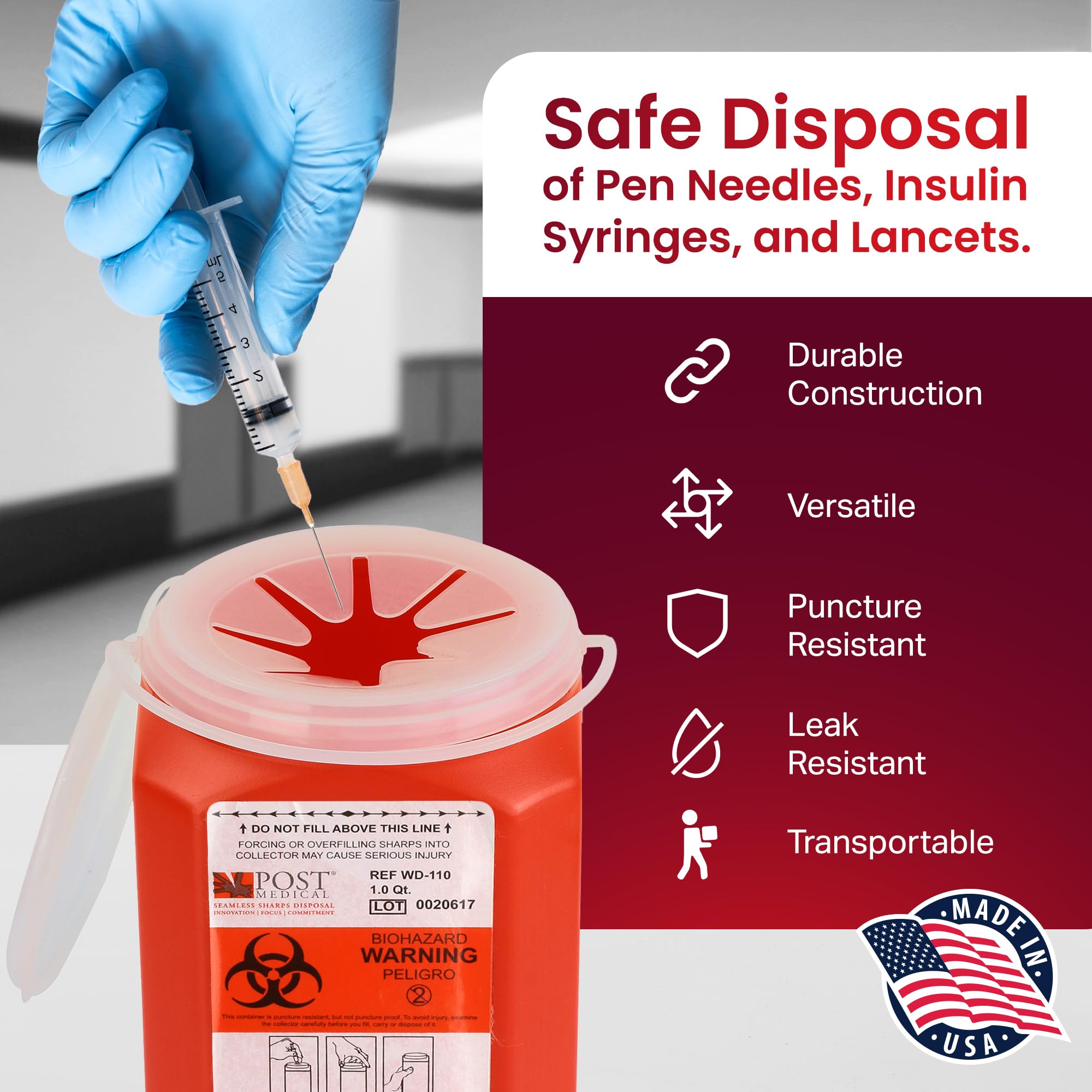 Post Medical 1-quart sharps container case-6 features resealable snap closure.