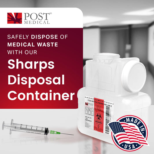 Post Medical sharps container with locking cap secures containment.