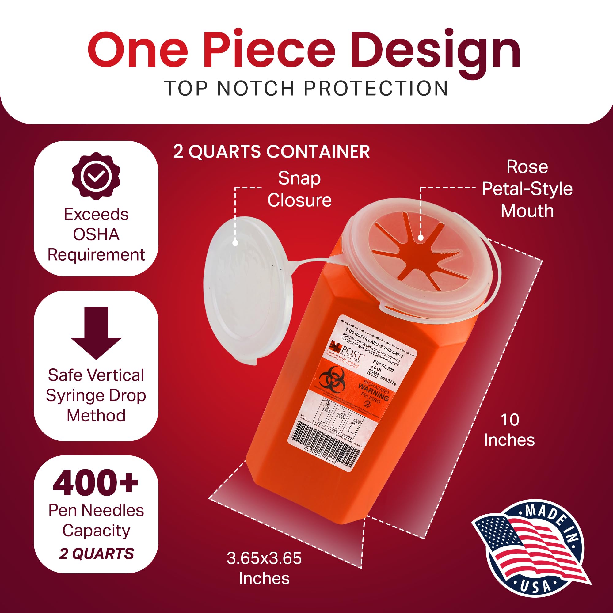 Post Medical 2.0 Quart Sharps Container assembled for easy use in home, clinic, or lab.