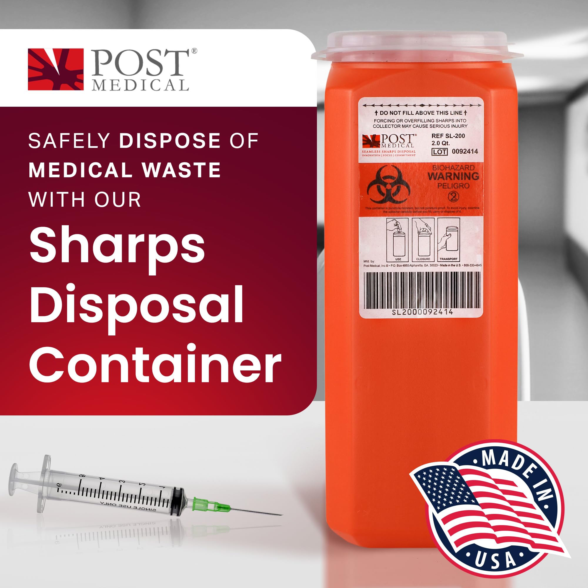 Post Medical 2.0 Quart Sharps Container leak-tight lid protects surrounding areas during transport.