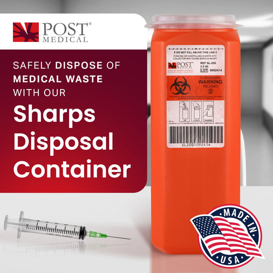 Post Medical 2.0 Quart Sharps Container leak-tight lid protects surrounding areas during transport.