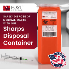 Post Medical 2.0 Quart Sharps Container leak-tight lid protects surrounding areas during transport.