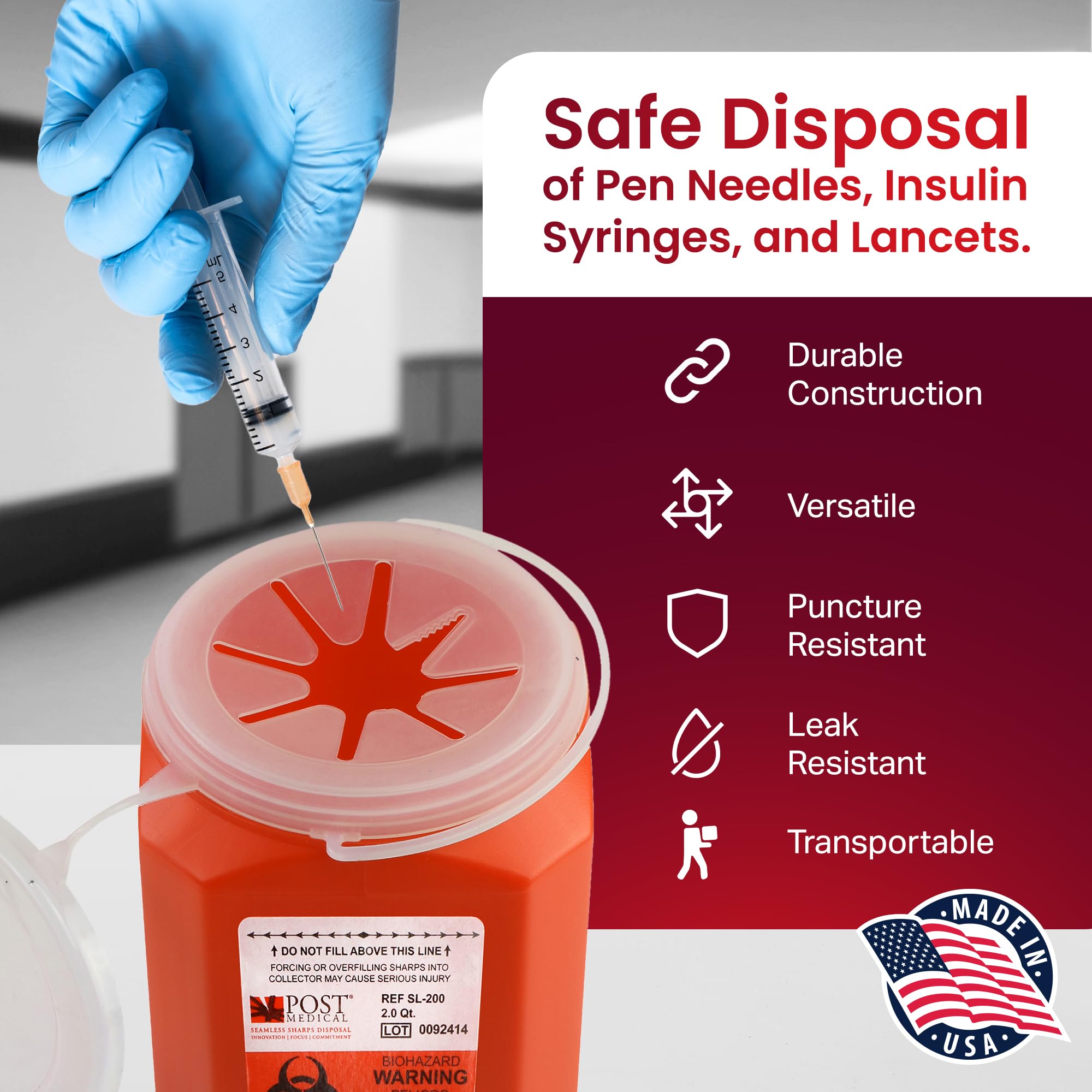 Post Medical 2.0 Quart Sharps Container vertical disposal design reduces puncture risk during handling.