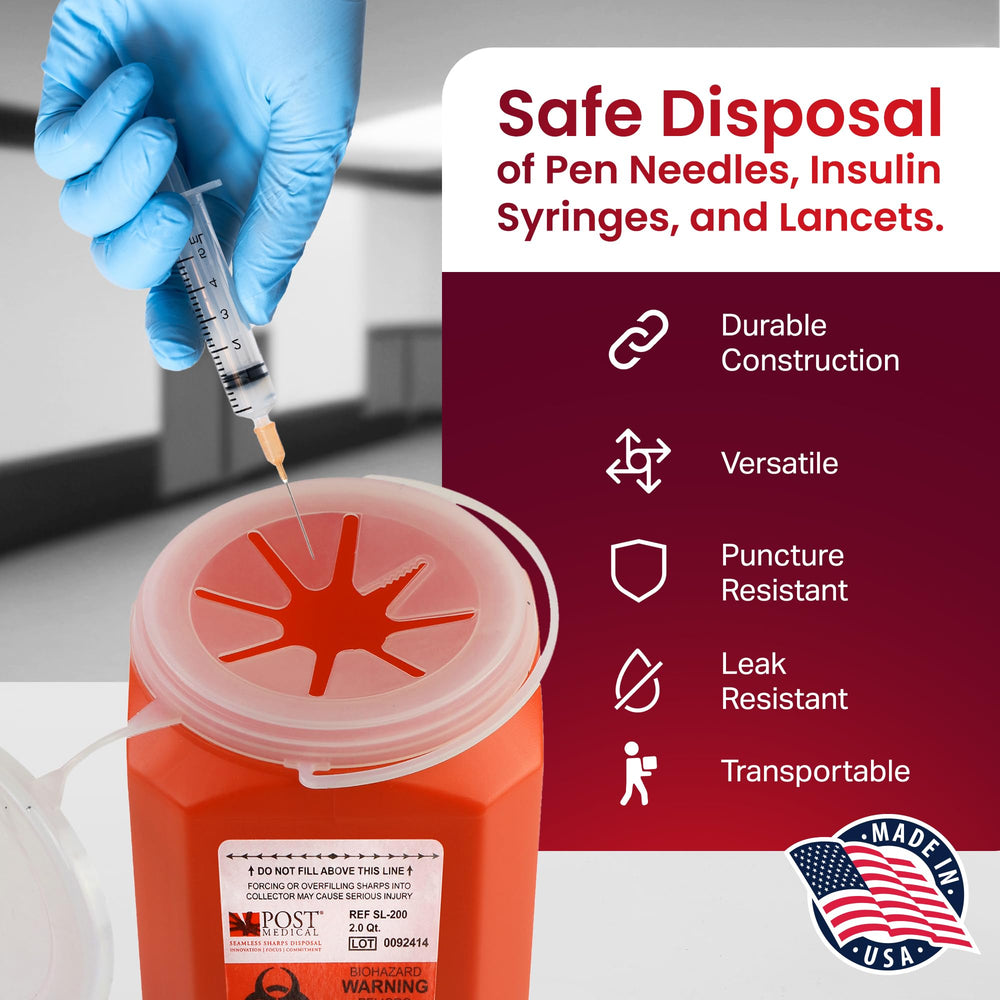 Post Medical 2.0 Quart Sharps Container vertical disposal design reduces puncture risk during handling.