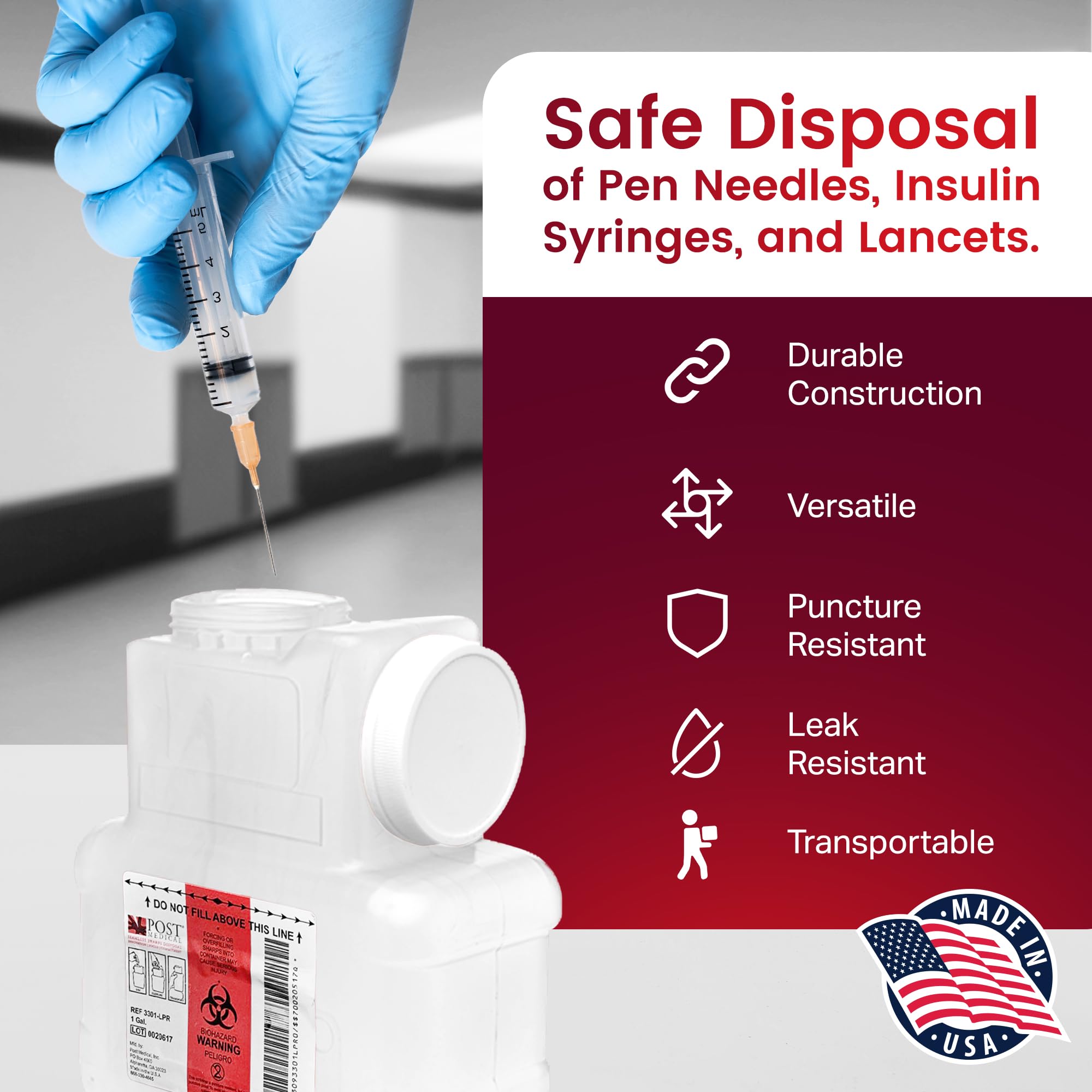 Post Medical needle and syringe disposal container supports organized waste.