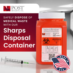 Post Medical sharps container shows leakproof body for secure syringe disposal.