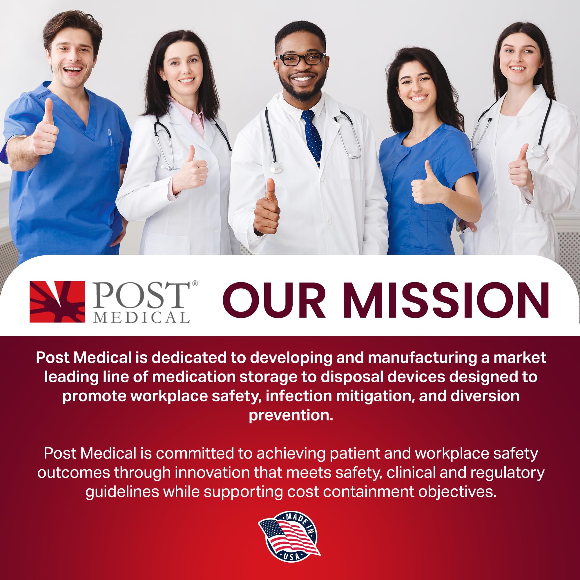 Post Medical red sharps container suitable for home, clinic, and lab environments.