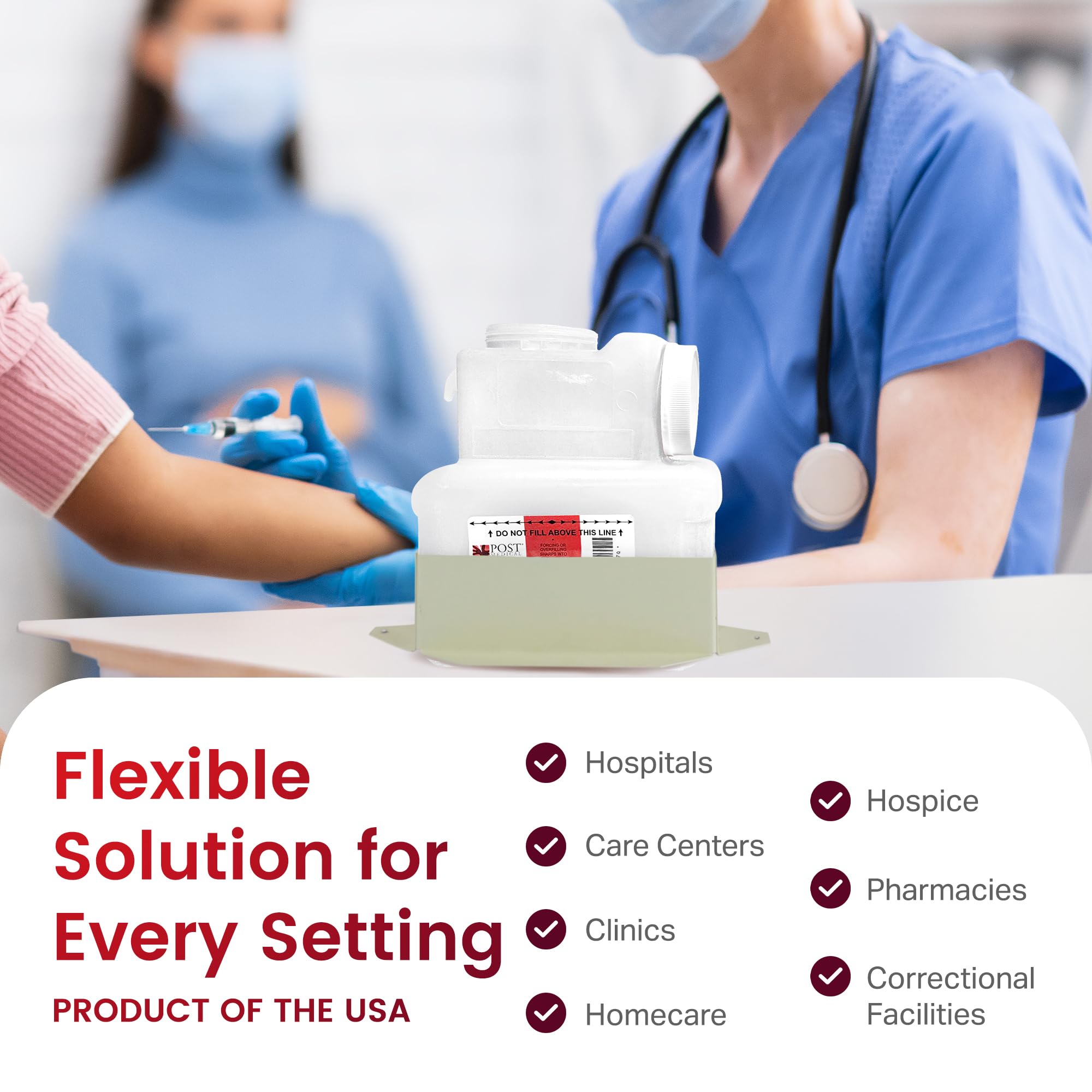 Post Medical sharps container case-6-pack for scalable disposal capacity.