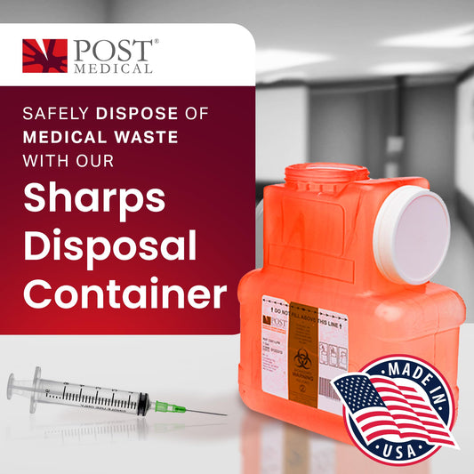 Post Medical lock-cap sharps container keeps contents secure after disposal.