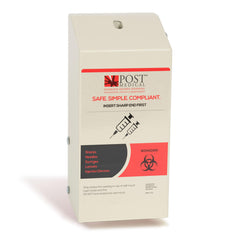 Post Medical sharps-wall-mount stabilizes 1.5 qt containers for safer disposal.