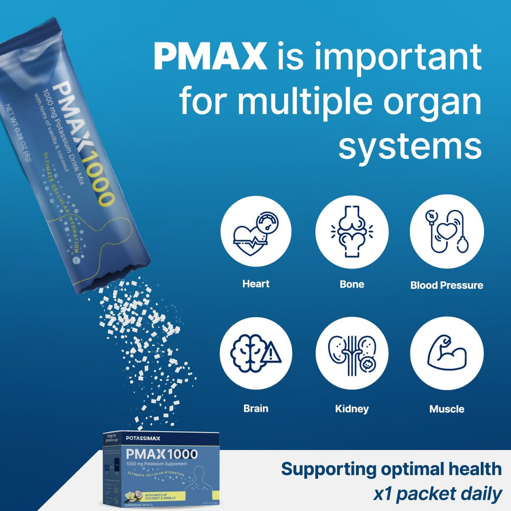PotassiMax PMAX1000 daily packets for on-the-go electrolyte support at work.