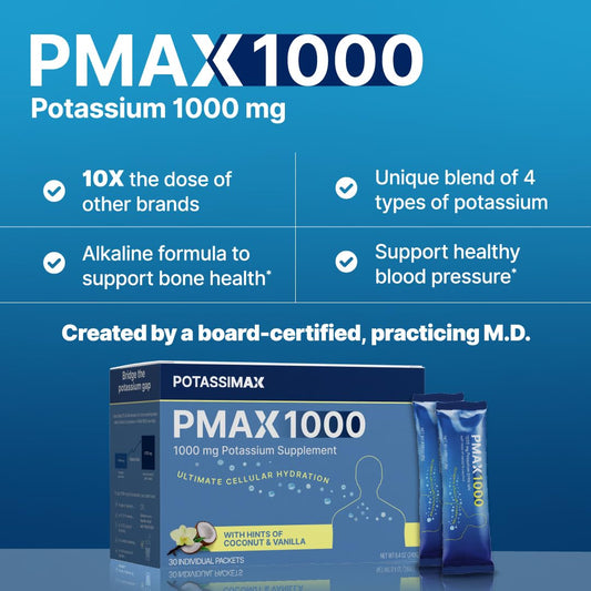 PotassiMax PMAX1000 powder scoop showcasing high-dose potassium supplement.