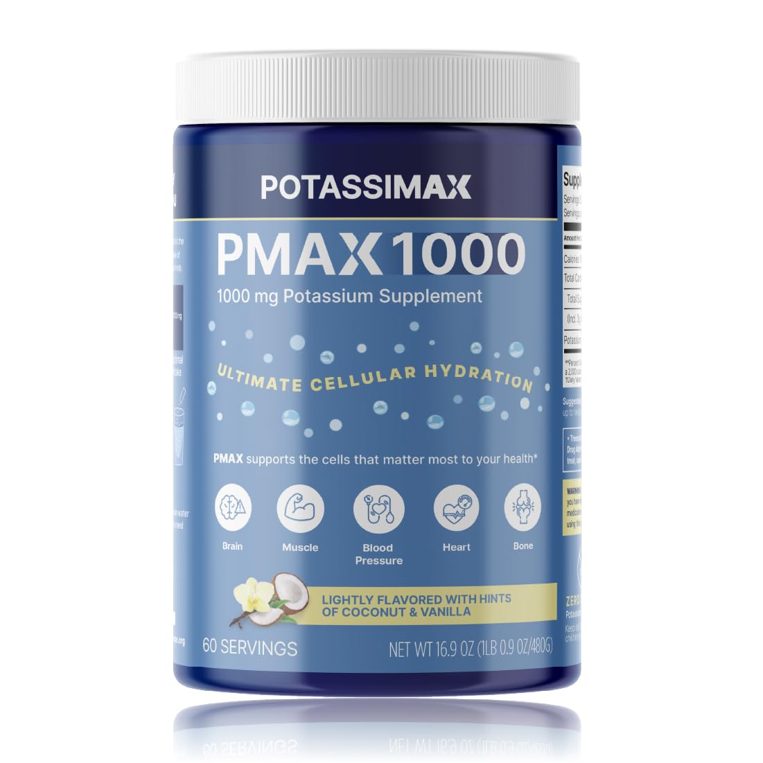 PotassiMax PMAX1000 tub front showing high-dose potassium formula for daily electrolyte support