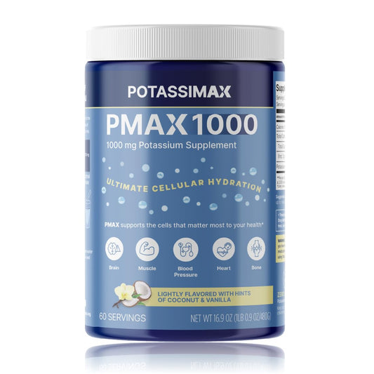 PotassiMax PMAX1000 tub front showing high-dose potassium formula for daily electrolyte support